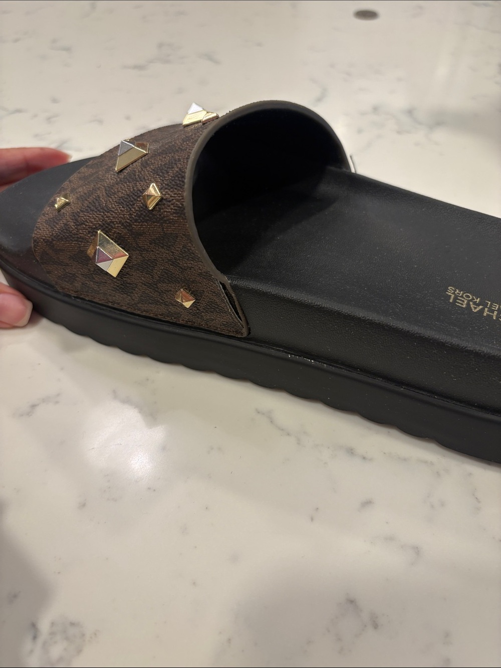 Michael Kors Brown and Black Logo Stud Slide Sandals - Picture 4 of 10